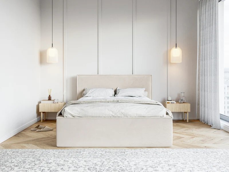 Polsterbett 180x200 cm Lucera mit Stauraum, grau-beiges Velours, wasserabweisend