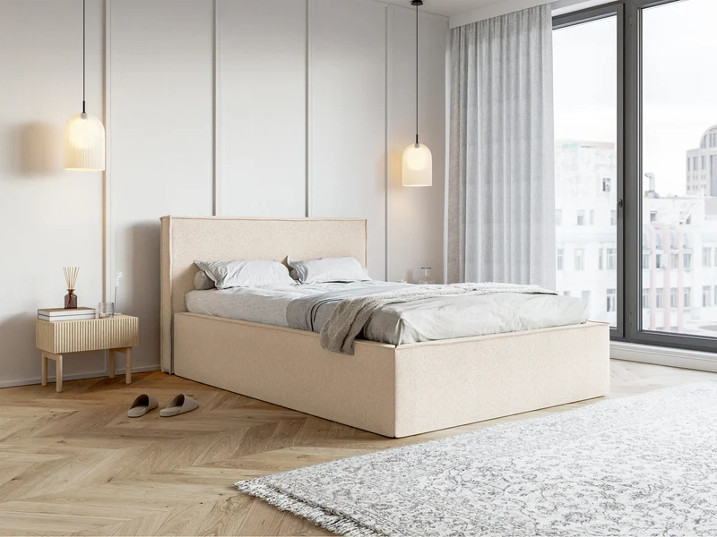 Polsterbett 140x200 cm Lucera mit Stauraum, hellbeiger Chenillestoff