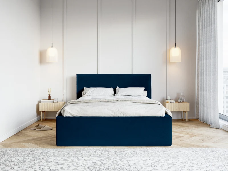 Polsterbett 140x200 cm Lucera mit Stauraum, marineblauer Samt, wasserabweisend