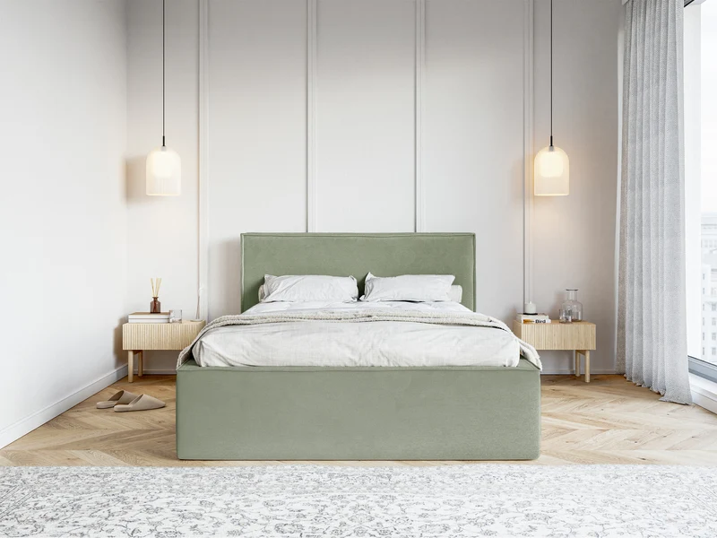 Polsterbett 160x200 cm Lucera mit Stauraum, eukalyptusfarbener Veloursstoff, wasserabweisend