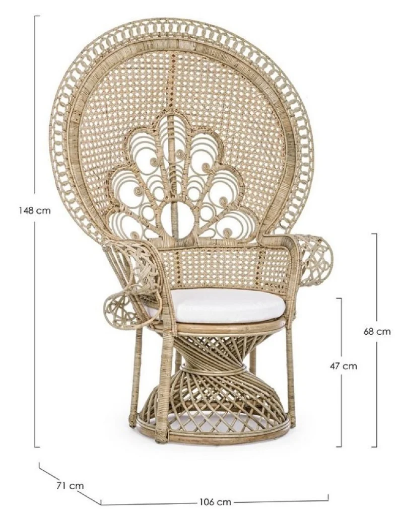Casa Padrino Luxus Garten Sessel Naturfarben / Weiß 106 x 71 x H. 148 cm - Vintage Stil Rattan Sessel mit Sitzkissen - Vintage Stil Rattan Möbel - Garten & Terrassen Möbel