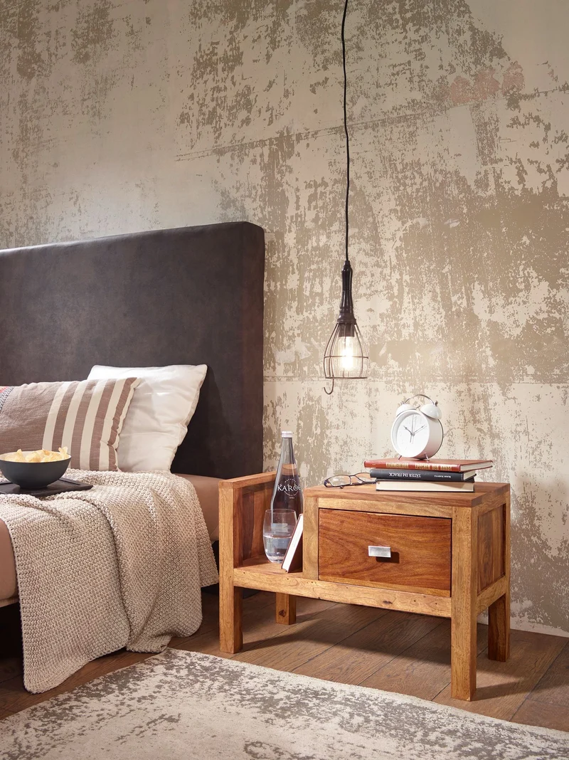 Nachttisch MUMBAI Sheesham Massivholz 40cm Schublade Zeitungsablage