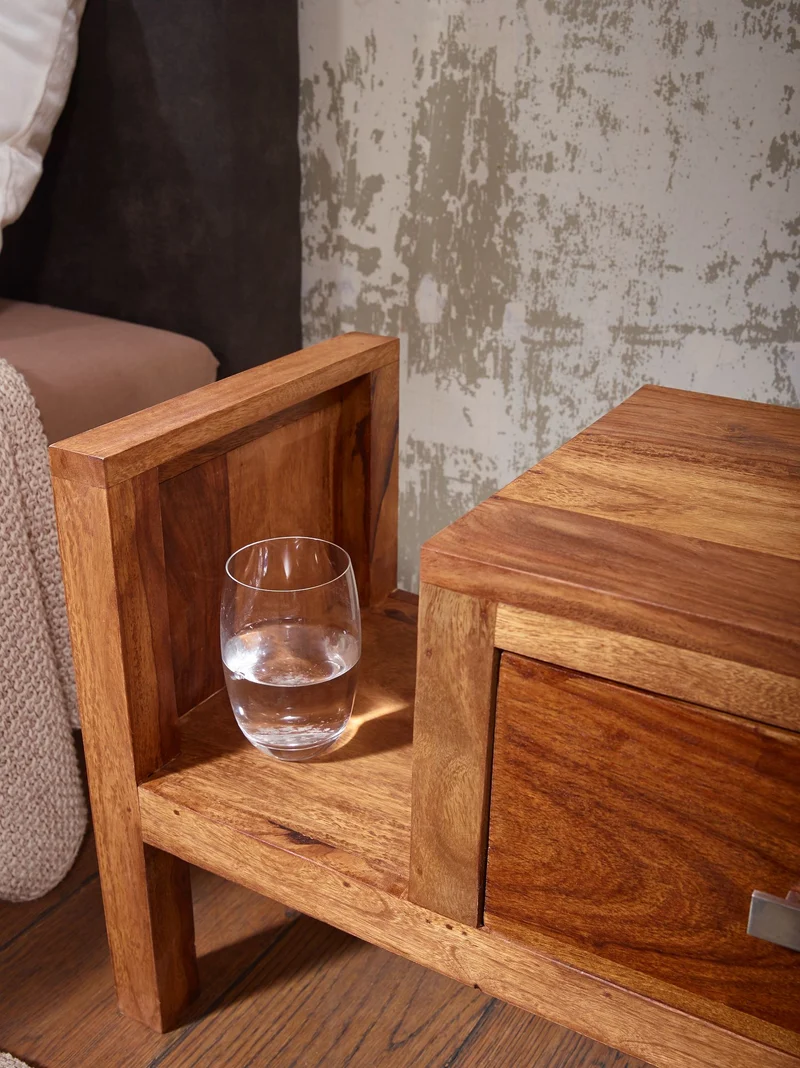 Nachttisch MUMBAI Sheesham Massivholz 40cm Schublade Zeitungsablage