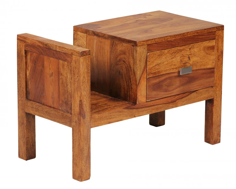 Nachttisch MUMBAI Sheesham Massivholz 40cm Schublade Zeitungsablage