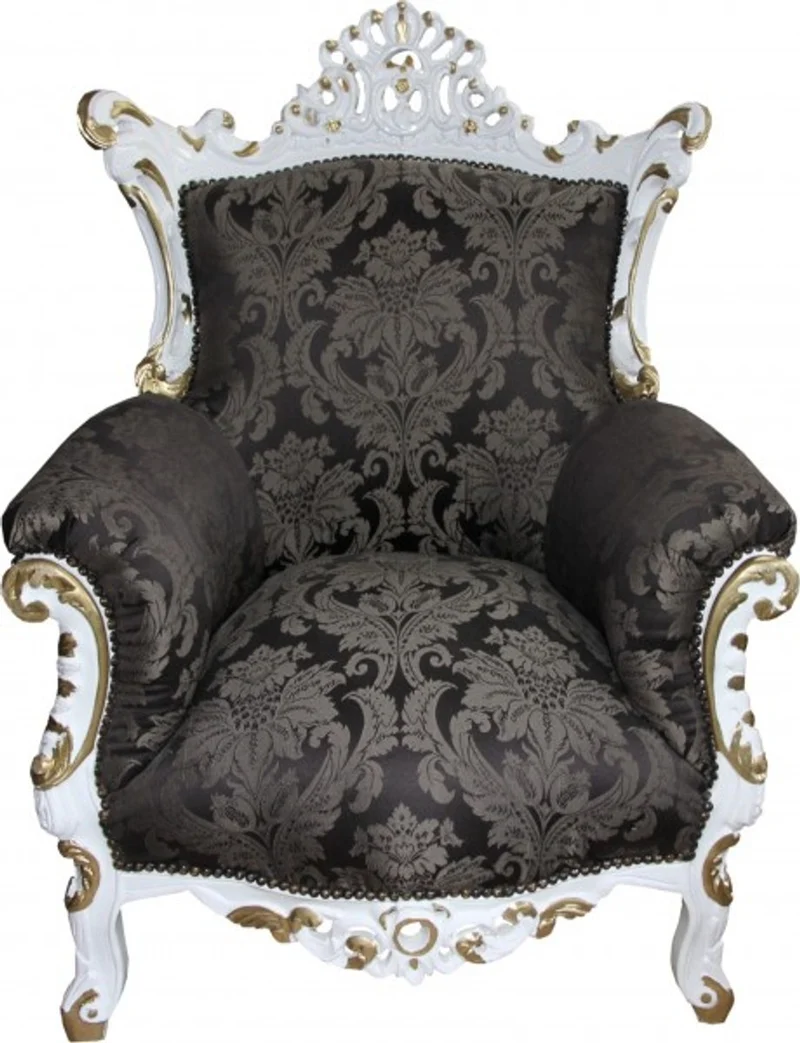 Casa Padrino Barock Sessel Al Capone Schwarz Muster / Weiß mit Gold Bemalung - Antik Stil Wohnzimmer Möbel - 127 x 90 x 80 cm