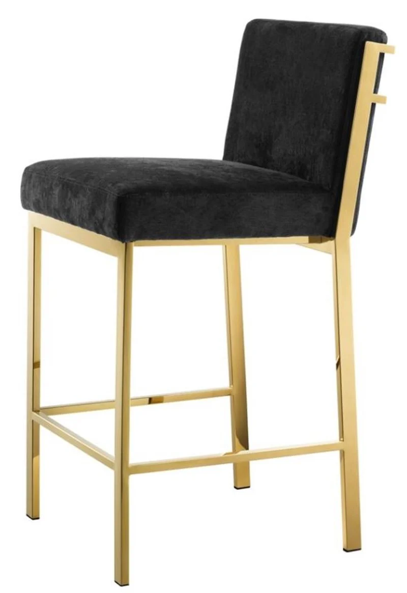 Casa Padrino Luxus Barstuhl Schwarz / Gold 43 x 54 x H. 91 cm - Designer Edelstahl Barhocker mit Samtstoff - Barmöbel