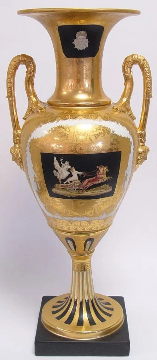 Casa Padrino Barock Porzellan Vase mit 2 Griffen - Limited Edition - Gold / Schwarz - Höhe 61 cm