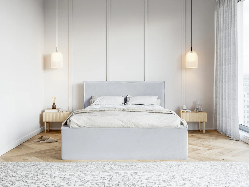 Polsterbett 140x200 cm Lucera mit Stauraum, taubenblauer Velours, wasserabweisend