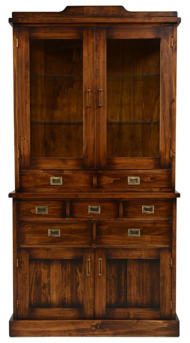 Casa Padrino Luxus Vintage Stil Vitrine Braun / Messing 102,5 x 46 x H. 198 cm - Massivholz Vitrinenschrank mit 4 Türen und 7 Schubladen - Massivholz Möbel - Vintage Stil Möbel - Luxus Möbel
