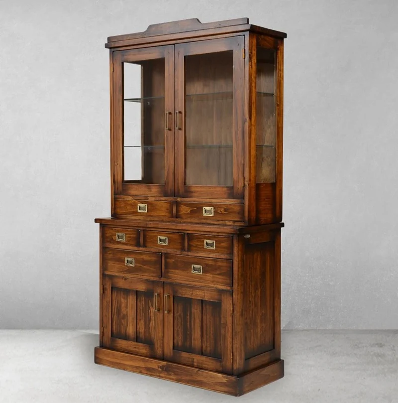 Casa Padrino Luxus Vintage Stil Vitrine Braun / Messing 102,5 x 46 x H. 198 cm - Massivholz Vitrinenschrank mit 4 Türen und 7 Schubladen - Massivholz Möbel - Vintage Stil Möbel - Luxus Möbel