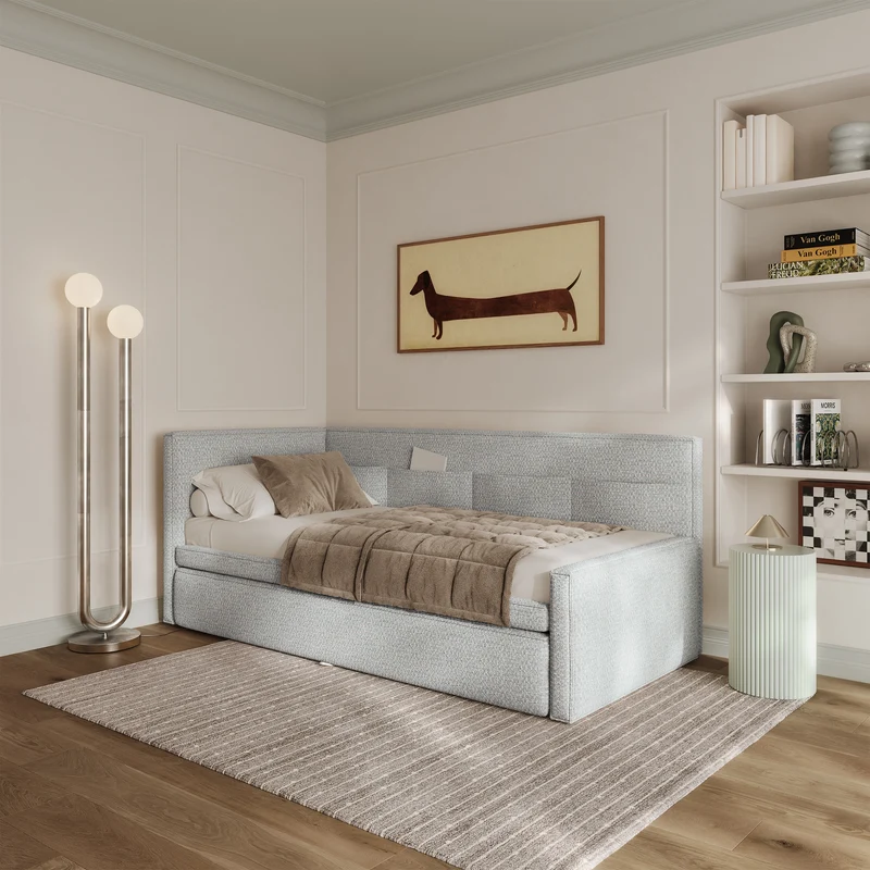 Jugendbett 90x200 cm Nesmi linksseitig mit Stauraum hellblau Flechtoptik
