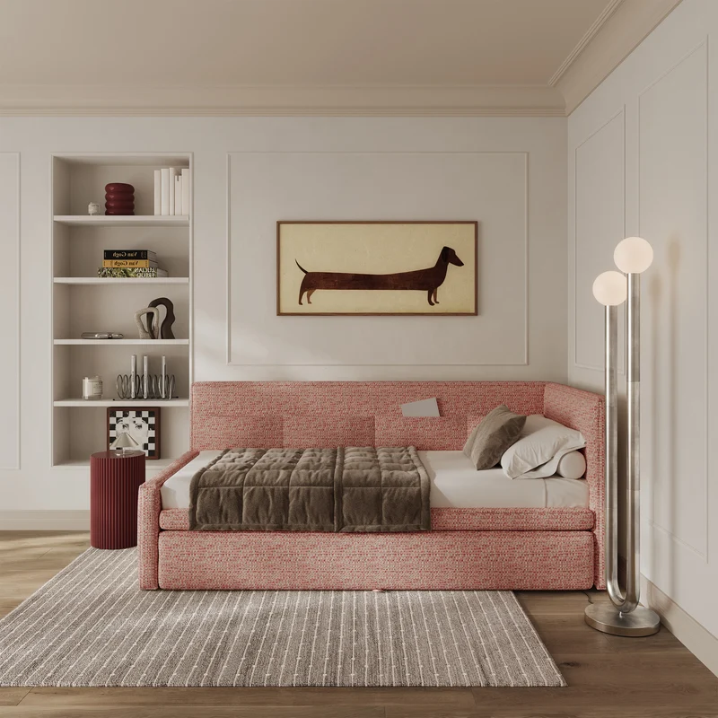 Jugendbett 90x200 cm Nesmi rechtsseitig mit Stauraum rosa Flechtmuster