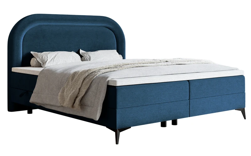 Kontinentales Bett 160x200 cm Loreo mit Topper und Stauraum, marineblauer Velours mit wasserabweisender Beschichtung