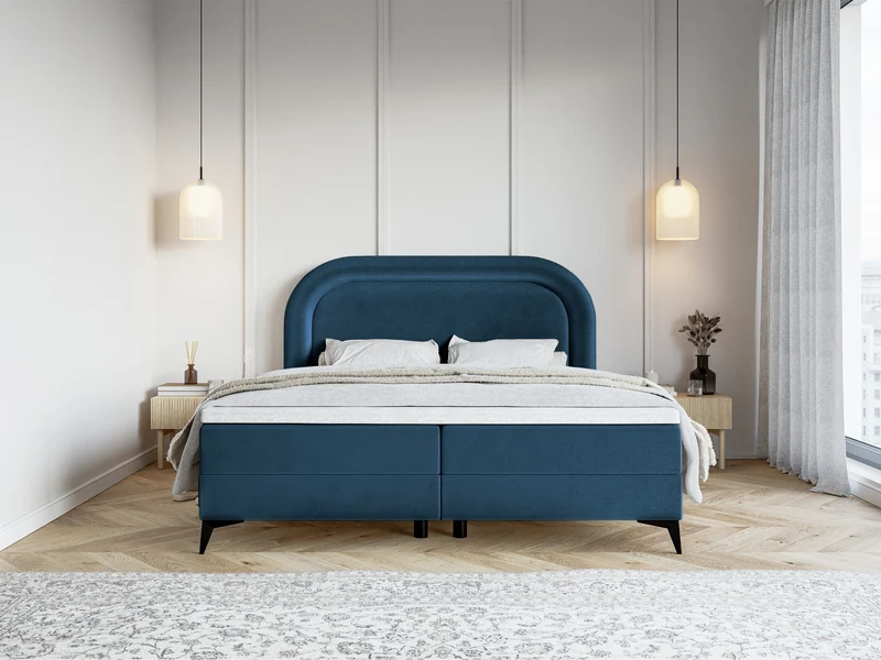 Kontinentales Bett 160x200 cm Loreo mit Topper und Stauraum, marineblauer Velours mit wasserabweisender Beschichtung