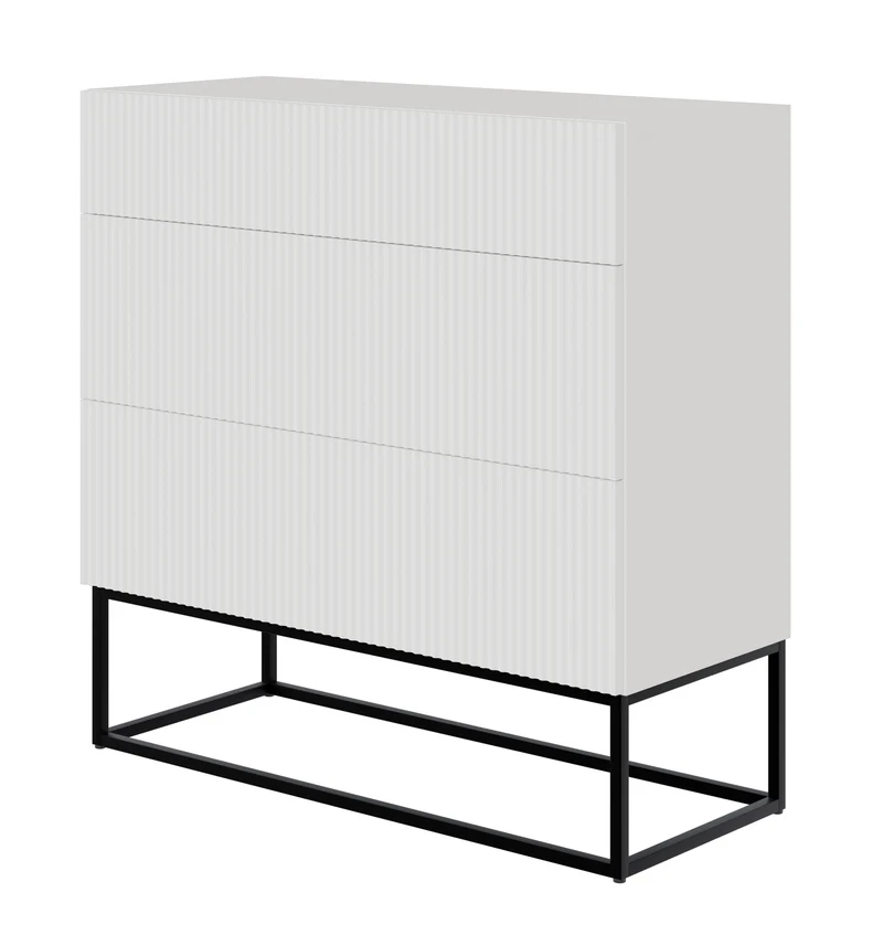Kommode Veldio mit gefräster Front und drei Schubladen, 90 cm, Weiß mit schwarzen Beinen