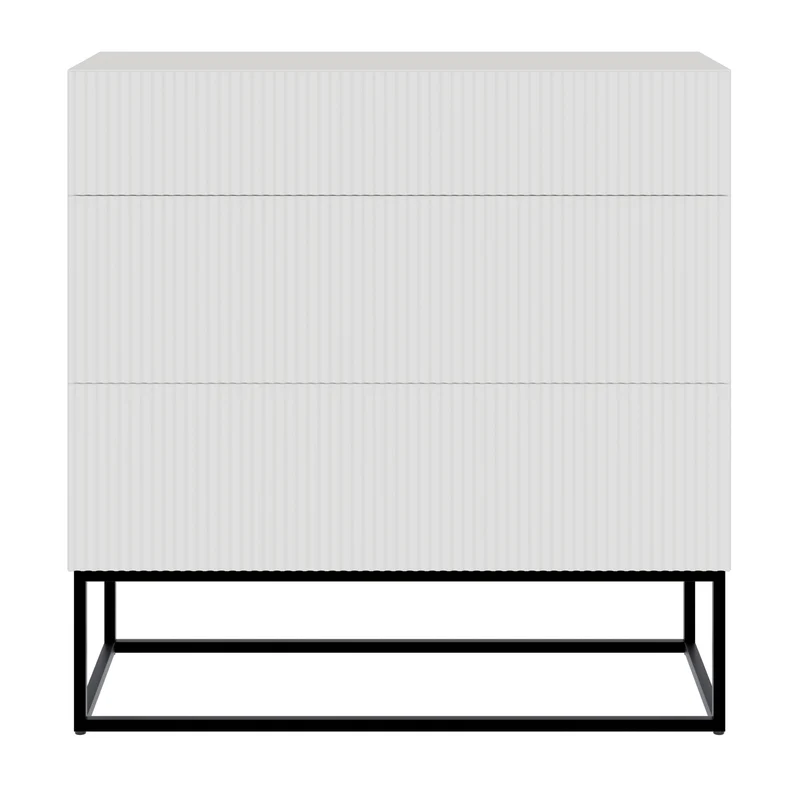 Kommode Veldio mit gefräster Front und drei Schubladen, 90 cm, Weiß mit schwarzen Beinen