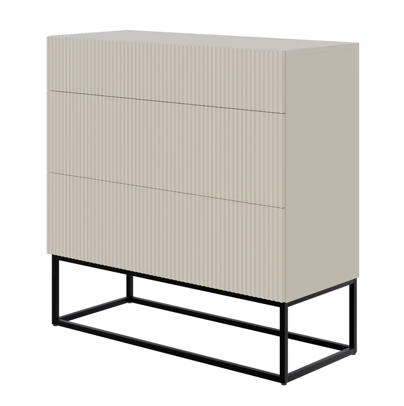 Kommode Veldio mit gefräster Front und drei Schubladen, 90 cm, grau-beige mit schwarzen Beinen