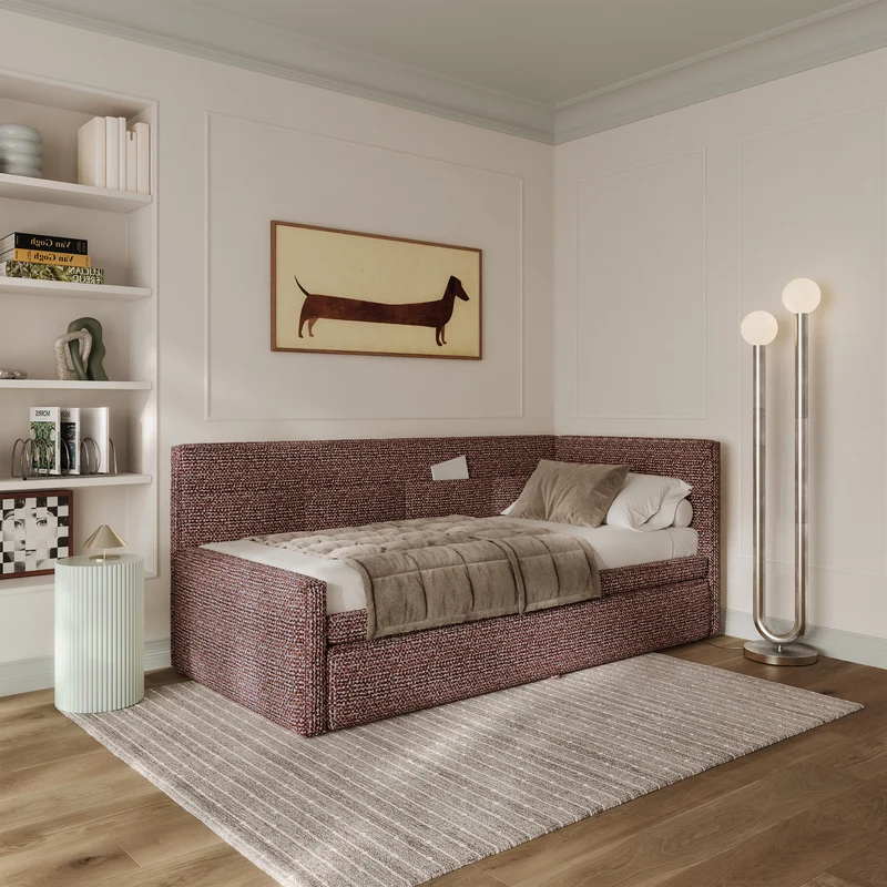 Jugendbett 90x200 cm Nesmi rechtsseitig mit Stauraum braunes Geflecht