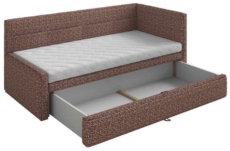 Jugendbett 90x200 cm Nesmi rechtsseitig mit Stauraum braunes Geflecht