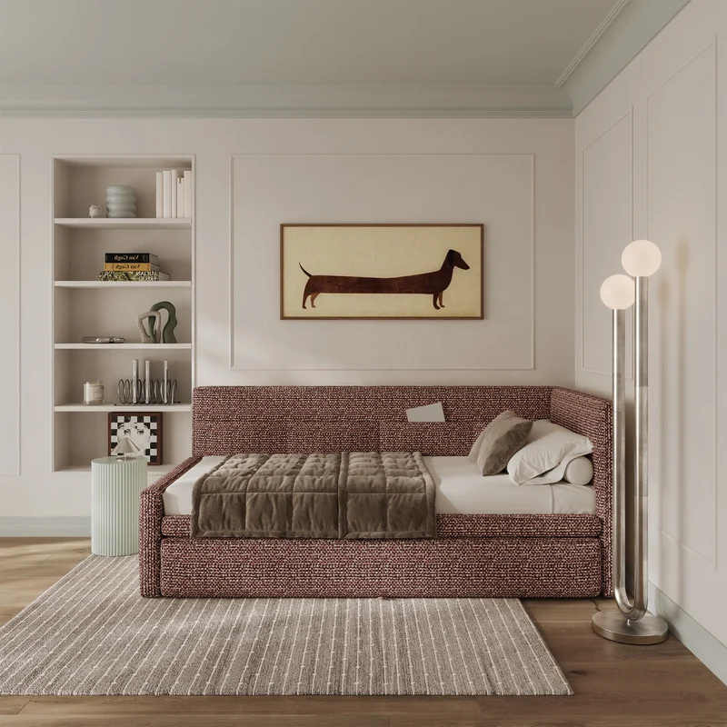 Jugendbett 90x200 cm Nesmi rechtsseitig mit Stauraum braunes Geflecht