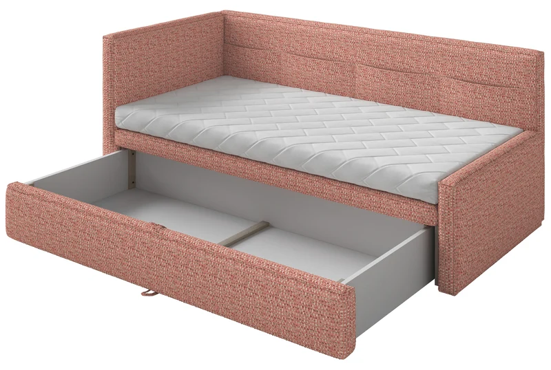 Jugendbett 90x200 cm Nesmi linksseitig mit Stauraum rosa Flechtmuster