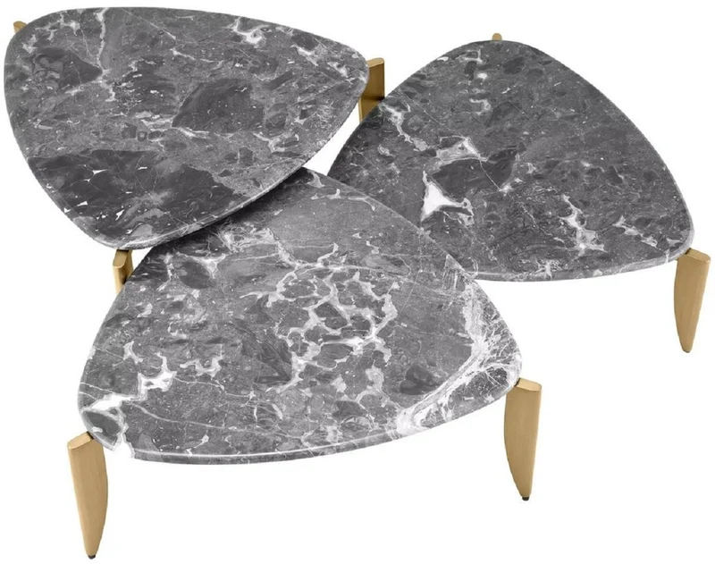 Casa Padrino Luxus Couchtisch 3er Set Messing / Grau - Messing Wohnzimmertische mit Marmorplatte - Wohnzimmer Möbel - Hotel Möbel - Luxus Qualität