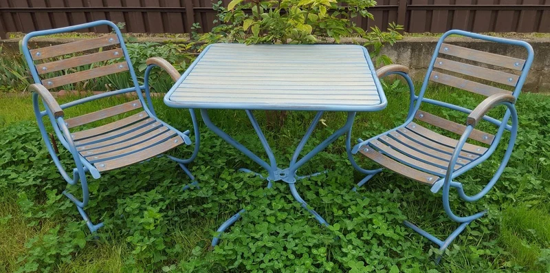 Casa Padrino Jugendstil Gartenmöbel Set Vintage Hellblau / Braun - Handgefertigtes 3 Teiliges Gartenset mit Tisch und 2 Stühlen