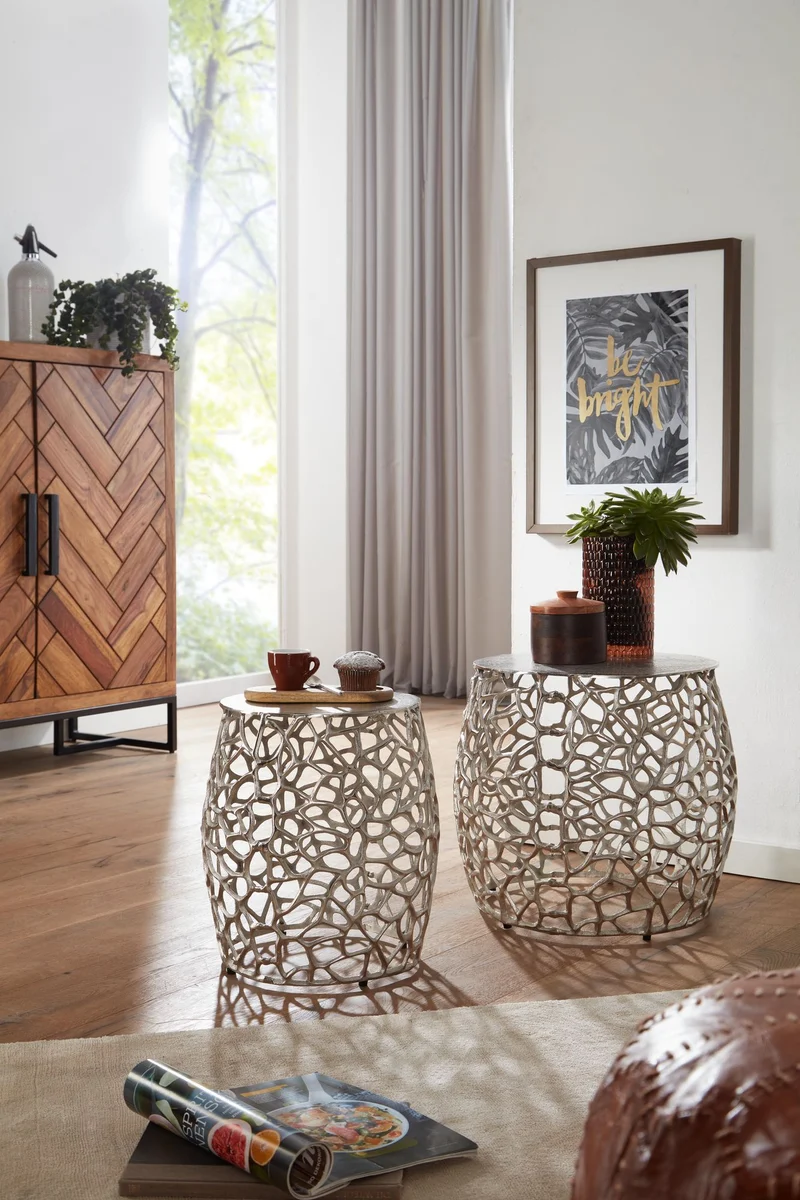 Beistelltisch 2er Set Aluminium Silber Rund Modern Wohnzimmer