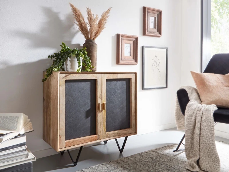 Sideboard 80x75x35cm Mango Massivholz Steinoptik Braun Metallgestell