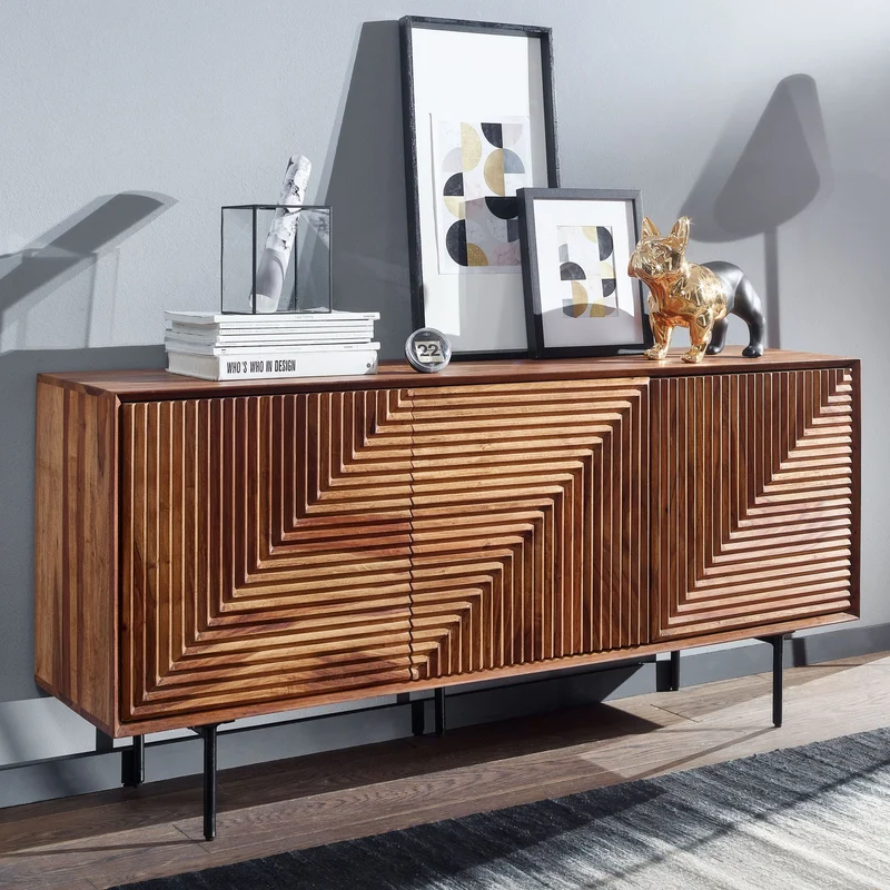 Sideboard 148x72x40cm Sheesham Massivholz Metall 3 Türen Modern