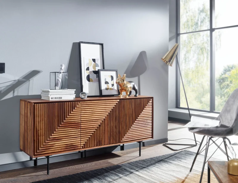 Sideboard 148x72x40cm Sheesham Massivholz Metall 3 Türen Modern
