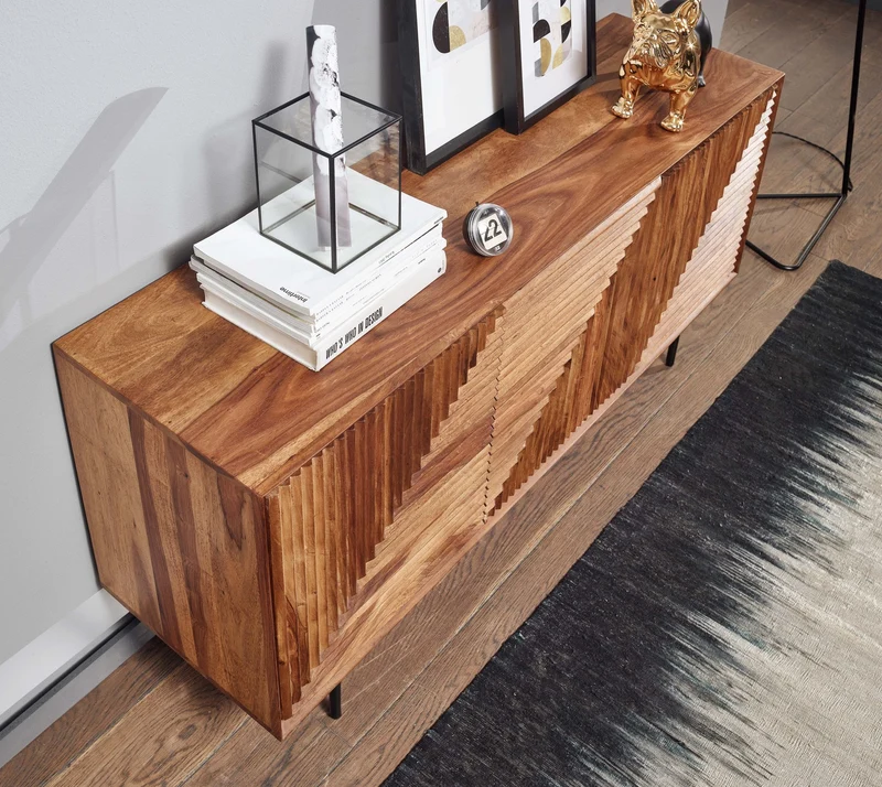 Sideboard 148x72x40cm Sheesham Massivholz Metall 3 Türen Modern