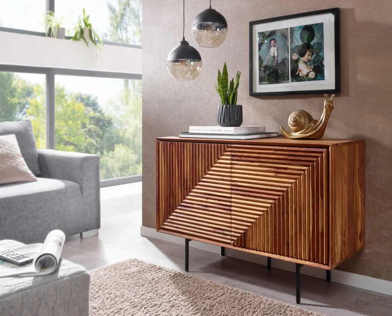 Sideboard 100x71x40cm Sheesham Massivholz Metall Modern Wohnzimmer
