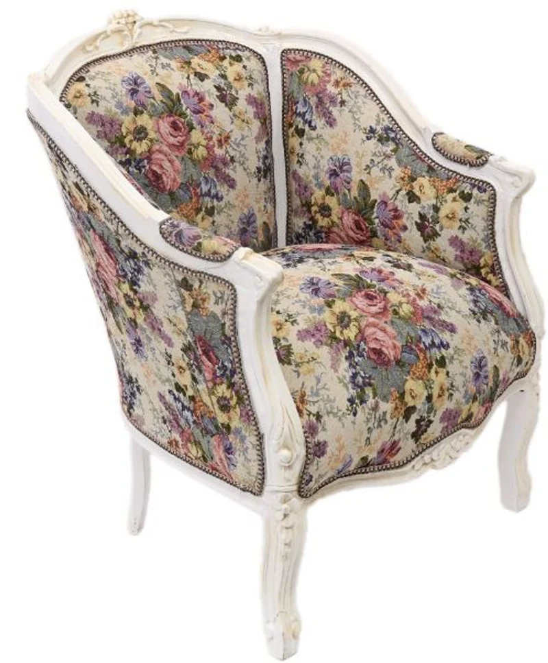 Casa Padrino Barock Lounge Sessel Weiss / Blumenmuster 70 cm x H. 100cm - Massivholz