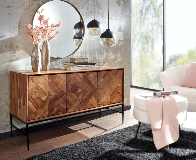 Sideboard Sheesham Massivholz Metall 123x70x45cm Industrial Modern