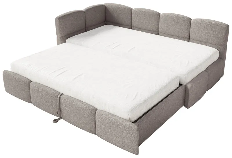 Jugendbett 90x200 cm Cloudy, links ausziehbar, mit hellgrauen Bouclé-Matratzen