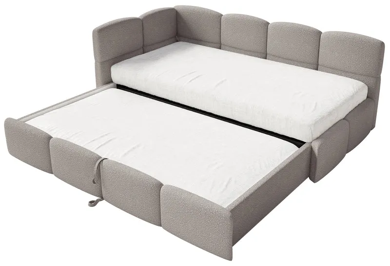 Jugendbett 90x200 cm Cloudy, links ausziehbar, mit hellgrauen Bouclé-Matratzen