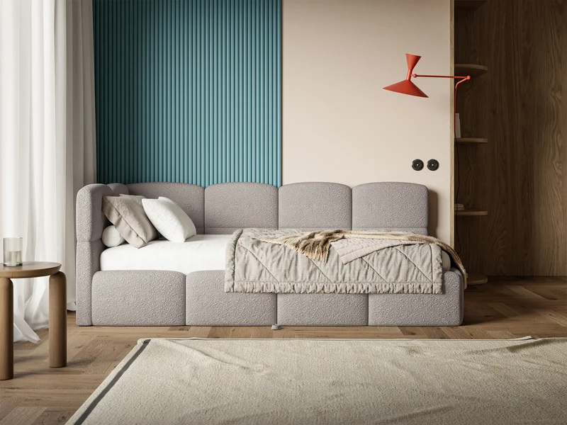 Jugendbett 90x200 cm Cloudy, links ausziehbar, mit hellgrauen Bouclé-Matratzen