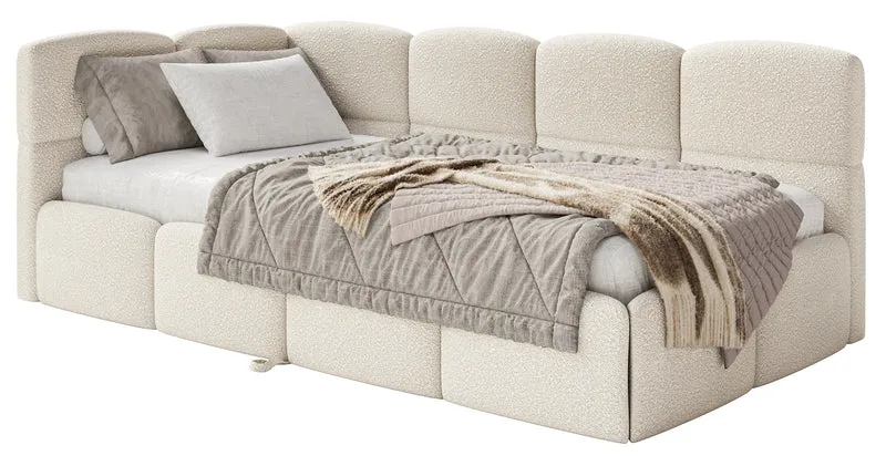 Jugendbett 90x200 cm Cloudy, linksseitig ausziehbar, mit Matratzen, hellbeige Bouclé