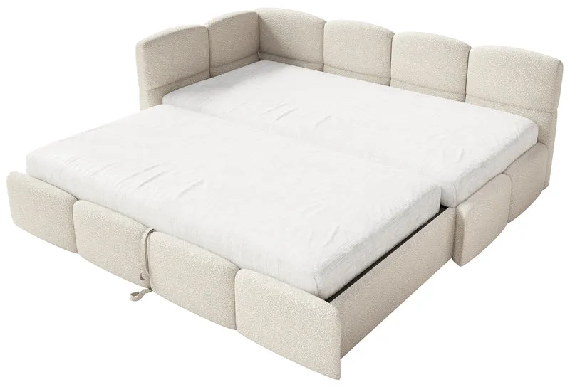 Jugendbett 90x200 cm Cloudy, linksseitig ausziehbar, mit Matratzen, hellbeige Bouclé