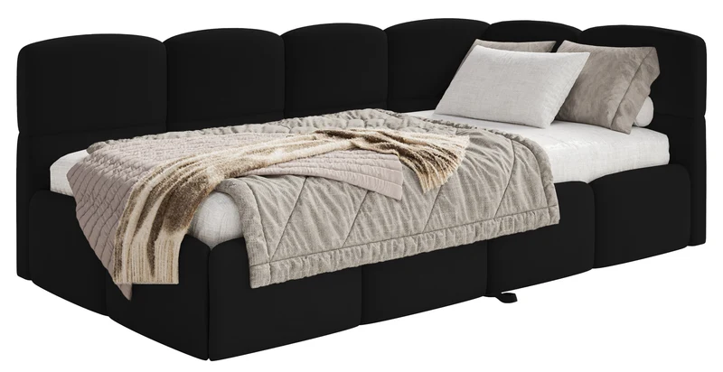 Jugendbett 90x200 cm Cloudy, rechtsseitig ausziehbar, mit Matratzen, schwarzer Velours, wasserabweisend und pflegeleicht