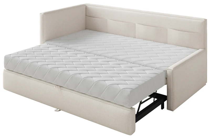 Jugendbett 90x200 cm Nesmi, ausziehbar, linksseitig, mit Matratzen, cremefarben, pflegeleichter Chenille