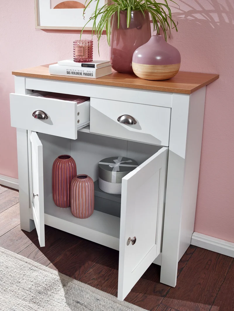 Sideboard 79x81x34,5cm Weiß Eiche Modern mit Schubladen & Türen