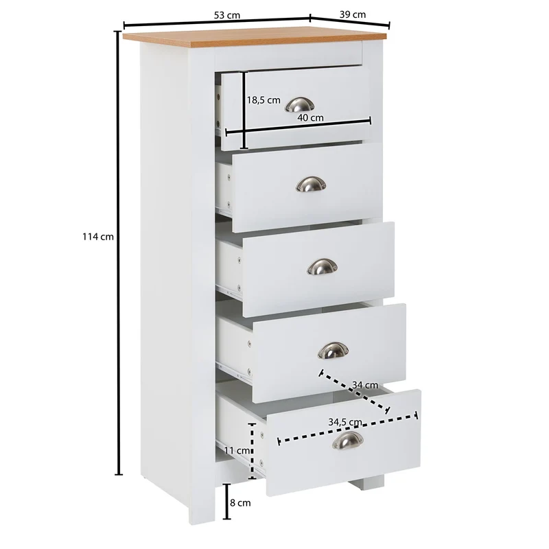 Sideboard 5 Schubladen 53x114x39cm Weiß Eiche Modern Wohnzimmer