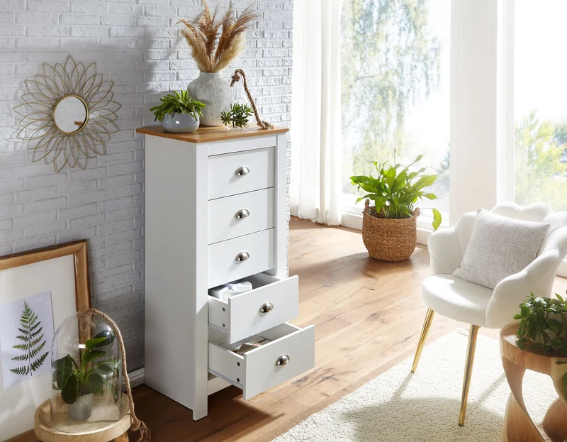 Sideboard 5 Schubladen 53x114x39cm Weiß Eiche Modern Wohnzimmer