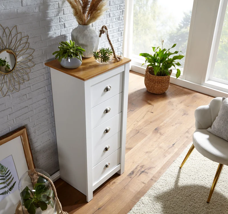 Sideboard 5 Schubladen 53x114x39cm Weiß Eiche Modern Wohnzimmer