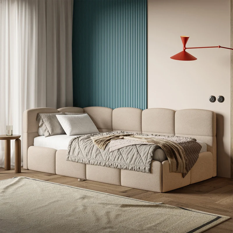 Jugendbett 90x200 cm Cloudy, links ausziehbar, mit Matratzen, beige Chenille