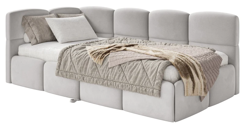 Jugendbett 90x200 cm Cloudy, linksseitig ausziehbar, mit Matratzen, hellgrauer Velours, wasserabweisend und pflegeleicht