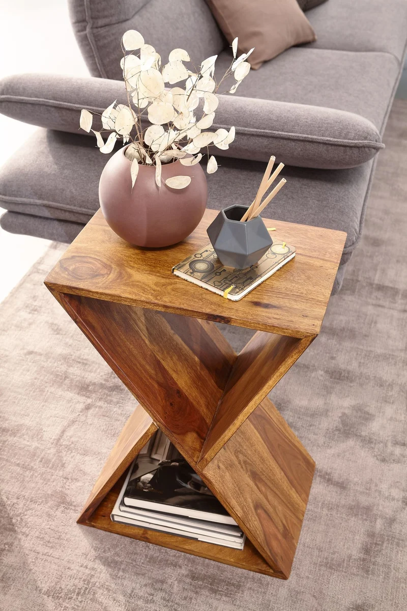 Beistelltisch X-Form 43x60x30cm Sheesham Massivholz mit Ablagen