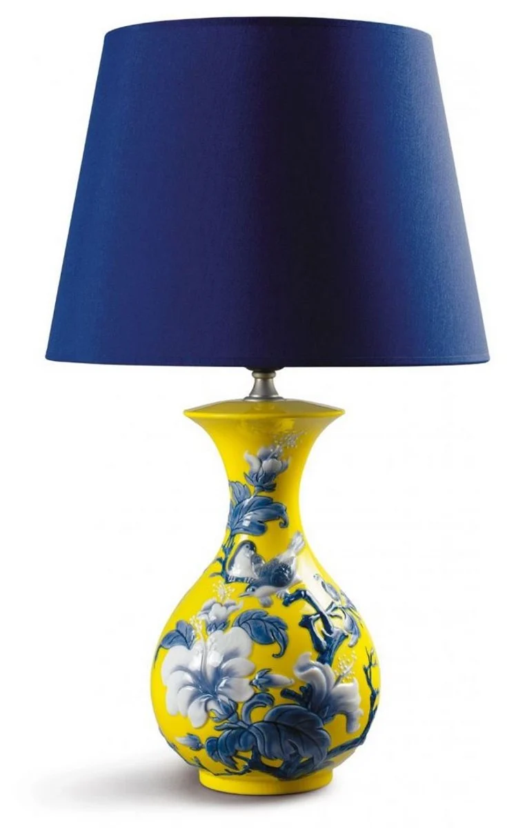 Casa Padrino Luxus Tischleuchte Spatzen & Blumen aus Porzellan Gelb Blau Weiß Ø 30 x H. 51 cm